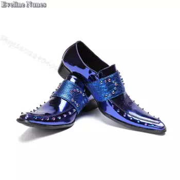 Туфли мужские из лакированной кожи с заклепками, Декор, острый носок, ремешок, пряжка, вечерняя Обувь, синие, большие размеры 37-46