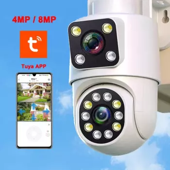 TUYA 4K 8MP двойной объектив Wi-Fi PTZ камера уличная водонепроницаемая IP66 автоматическое отслеживание цвета ночного видения беспроводная камера безопасности система