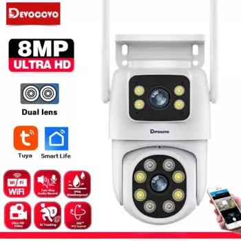 Tuya 4K 8MP PTZ Wi-Fi камера безопасности с двумя объективами и двойным экраном Ai Автоматическое отслеживание Беспроводная камера видеонаблюдения Smart Life
