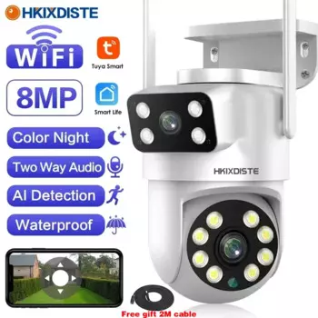 Tuya 4K 8MP PTZ Wi-Fi камера безопасности с двойным объективом и двойным экраном, автоматическое отслеживание, беспроводная камера видеонаблюдения Smart Life