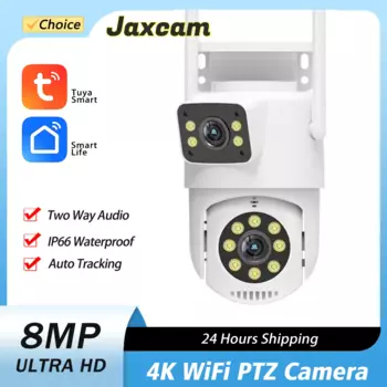 Tuya 4K 8MP Wi-Fi камеры наблюдения с двумя объективами цветная ночная уличная водонепроницаемая беспроводная камера безопасности с автоматическим отслеживанием человека Ai