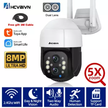 Tuya Smart 4K PTZ IP-камера Открытый двойной объектив Wi-Fi Автоматическое отслеживание Камера видеонаблюдения 2-сторонняя аудио Беспроводная камера видеонаблюдения 8M