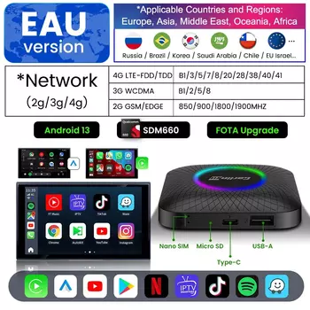 ТВ-приставка Carlinkit SDM660 Qualcomm 8-ядерный Android 13 CarPlay Android Auto Беспроводной адаптер Поддержка онлайн-видео USB-A-порт Youtube