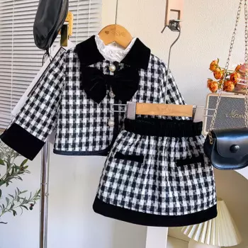 Твидовые комплекты одежды для девочек, Весенняя клетчатая Детская куртка + юбка, рубашка с длинным рукавом, костюм принцессы, осенние детские костюмы