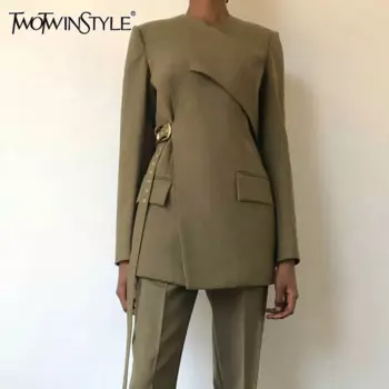 TWOTWINSTYLE дизайнерский лоскутный блейзер с поясом для женщин, туника с v-образным вырезом и длинными рукавами, темпераментные блейзеры с карманами, женский стиль
