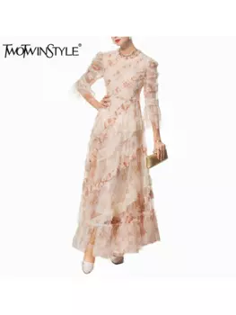 TWOTWINSTYLE хитовые цветные платья с принтом и оборками для женщин, вечернее платье с круглым вырезом и длинными рукавами, высокой талией, женское новое платье