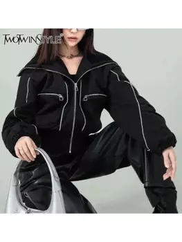 TWOTWINSTYLE однотонное лоскутное пальто с карманами для похудения для женщин, вязаное винтажное пальто с лацканами и длинными рукавами, женское модное новое пальто