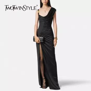 TWOTWINSTYLE однотонные лоскутные платья со складками для женщин с квадратным воротником без рукавов и высокой талией, женское платье с металлической пряжкой и разрезом