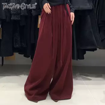 TWOTWINSTYLE однотонные минималистичные брюки для женщин с высокой талией в стиле пэчворк, элегантные свободные брюки на шнурке, женская модная стильная одежда