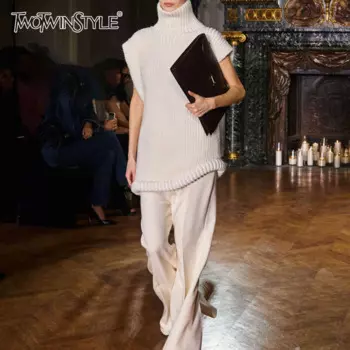 TWOTWINSTYLE однотонные минималистичные вязаные свитера для женщин водолазка с коротким рукавом для похудения повседневный пуловер свитер женский стиль