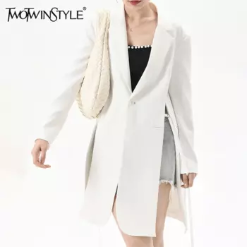 TWOTWINSTYLE однотонный дизайнерский пиджак с разрезом для женщин, шикарный пиджак с зубчатым воротником и длинными рукавами в стиле пэчворк на пуговицах, женская мода, новинка