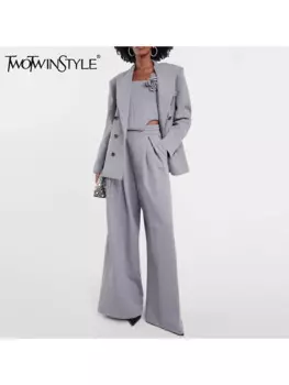 TWOTWINSTYLE однотонный комплект из трех предметов для женщин, лоскутный блейзер с аппликацией, жилет для похудения, брюки с высокой талией, комплект женской моды, новинка