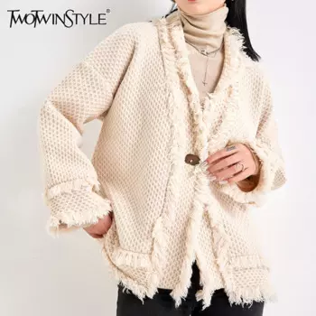 TWOTWINSTYLE однотонный повседневный вязаный кардиган для женщин с v-образным вырезом и длинными рукавами в стиле пэчворк, свободные пальто на одной пуговице, женская мода, новинка