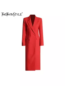 TWOTWINSTYLE однотонный утягивающий повседневный пиджак для женщин с зубчатым воротником и длинными рукавами, темпераментные пальто на пуговицах, женская мода