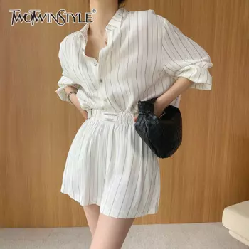 TWOTWINSTYLE, повседневные шорты в полоску, комплекты, женские рубашки прямого кроя с отворотом и длинным рукавом, короткий свободный женский костюм с высокой талией, лето 2021