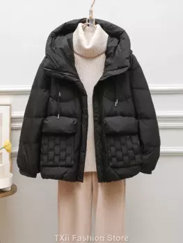 TXii 2023 новая зимняя парка с капюшоном, короткая пушистая куртка-пуховик, 90% пуховик на белом утином пуху, женское свободное теплое пальто с карманами