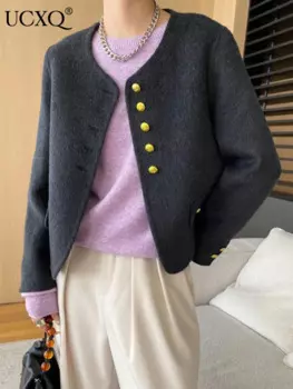 UCXQ элегантное шерстяное пальто темперамент офисные женские золотые однобортные универсальные модные женские куртки с круглым вырезом 2024, весна-осень