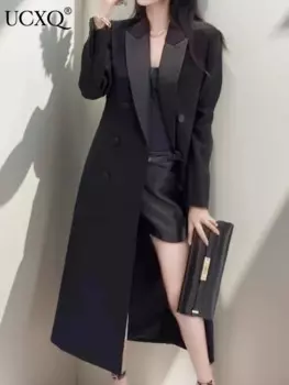 UCXQ Элегантная длинная куртка в британском стиле, двубортный универсальный офисный женский модный пиджак, женское пальто 2024, весна-осень 3C1000