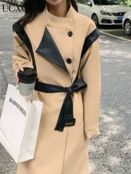 UCXQ модный плащ в европейском стиле с воротником-стойкой из искусственной кожи с поясом на талии, элегантная длинная женская куртка 2024, весна-осень 23C1479