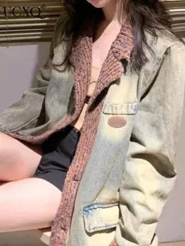 UCXQ винтажная джинсовая куртка, элегантная темпераментная хлопковая вязаная стираная свободная модная женская куртка 2024, весна-осень 3C2223