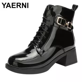 Удобная обувь из лакированной кожи, ботинки на толстой платформе, осенне-зимние ботильоны на среднем блочном каблуке с мехом