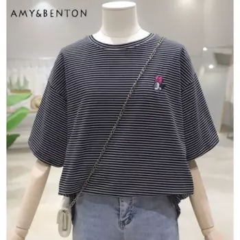 Удобные футболки с мультяшной вышивкой в тонкую полоску, новинка лета 2024, универсальная свободная утягивающая хлопковая футболка с короткими рукавами для женщин