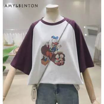 Удобные возрастные футболки с рукавами реглан и мультяшным принтом, лето 2024, свободная утягивающая хлопковая футболка с короткими рукавами для женщин