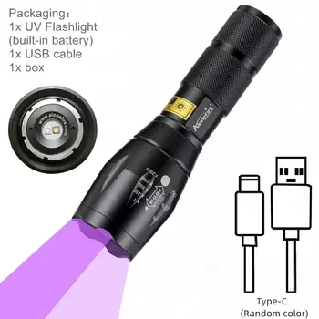 УФ-фонарик 365/395 Нм Светодиодный Type-C Перезаряжаемый Черный Водонепроницаемый Масштабируемый Свет Для Кошек И Собак Обнар...
