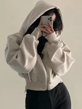 Укороченная толстовка с капюшоном на молнии, Женские однотонные короткие пальто большого размера, осенне-зимние женские толстовки с капюшоном и карманами на завязках