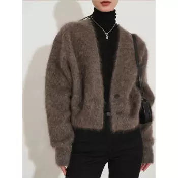Укороченный вязаный кардиган, женский корейский норковый кашемировый свитер, верхняя одежда, модный элегантный трикотаж с v-образным вырезом, зимние джемперы с длинными рукавами