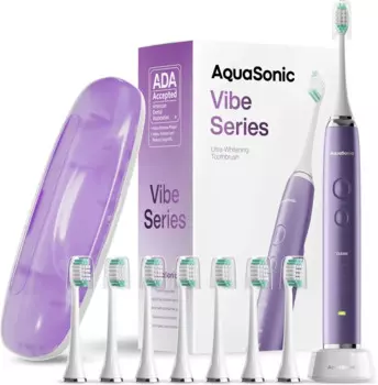 Ультра-отбеливающая зубная щетка серии Aquasonic Vibe, 8 насадок и дорожный футляр, беспроводная зарядка, 4 режима с умным таймером, атласно-фиолетовый