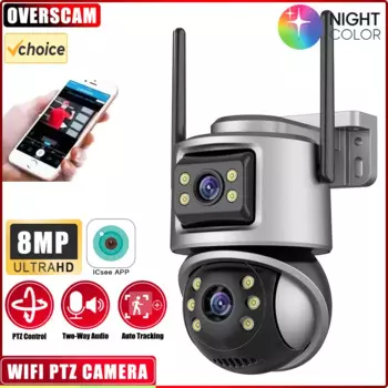 Уличная беспроводная IP-камера безопасности 4K 8MP HD с двумя объективами, внешняя Wi-Fi PTZ-камера с автоматическим отслеживанием, уличная камера наблюдения iCsee