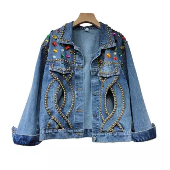 Уличная джинсовая куртка с бриллиантами и заклепками, пальто, женская повседневная ковбойская верхняя одежда, корейская винтажная синяя свободная короткая джинсовая куртка, женская