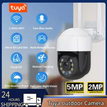 Уличная камера 5MP 2MP Tuya HD WiFi PTZ, автоматическое слежение, обнаружение движения, двухстороннее аудио, для домашней сети, полноцветное видеонаблюдение