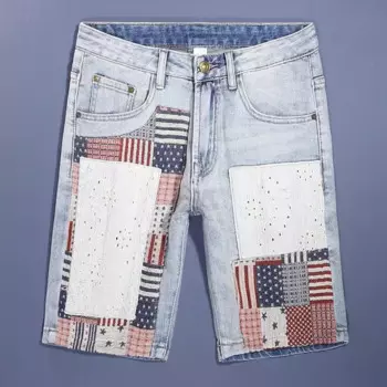 Уличная мода, мужские джинсы, летние Стрейчевые облегающие шорты в стиле ретро, Синие рваные джинсы с заплатками, дизайнерские Джинсовые шорты в стиле хип-хоп для мужчин