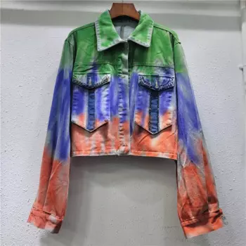 Уличная модная джинсовая куртка радужных цветов с большим карманом, женская свободная короткая ковбойская верхняя одежда, повседневная джинсовая куртка, женская