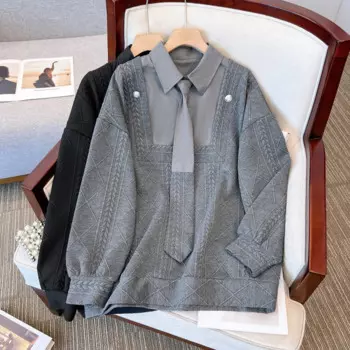 Уличная одежда 2023 Осенние повседневные пуловеры в стиле пэчворк женские свитшоты женские свободные топы с длинным рукавом Футболка женская одежда 4XL