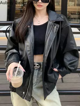 Уличная одежда, черная кожаная куртка, Женское зимнее байкерское пальто на молнии, корейская мода, свободная теплая куртка из искусственной кожи