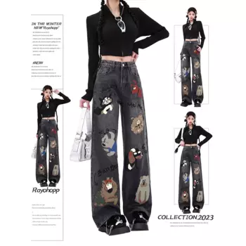 Уличная одежда в стиле Харадзюку Y2K, модные женские джинсы в стиле ретро с высокой талией, милые прямые свободные джинсовые брюки с широкими штанинами в виде животных, мешковатые брюки Y2K