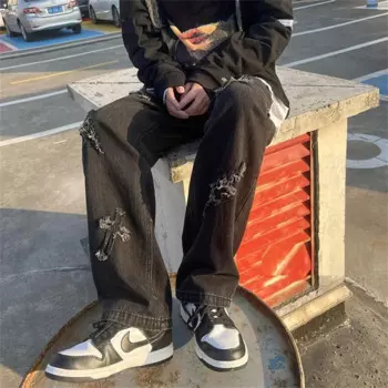 Уличная одежда в стиле хип-хоп Y2k, мужские брюки, джинсы High Street, мешковатые свободные прямые повседневные брюки 2024, модные мужские брюки с перекрестной нашивкой, новые брюки