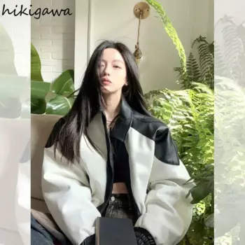 Уличная одежда, винтажные кожаные куртки, шикарная верхняя одежда контрастных цветов на молнии, из искусственной кожи, большие размеры, Y2k, топы 2024, Женская куртка-бомбер, Женская куртка