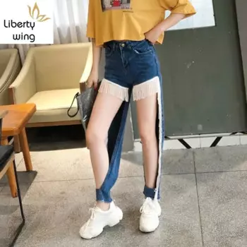 Уличная одежда, женские летние модные джинсовые узкие брюки с бахромой и высокой талией, однотонные синие свободные крутые джинсы Mujer