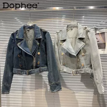 Уличная популярная джинсовая куртка для девушек с косой молнией, моющаяся джинсовая куртка, Женское пальто, женская короткая джинсовая куртка, трендовая Осенняя новая одежда 2023