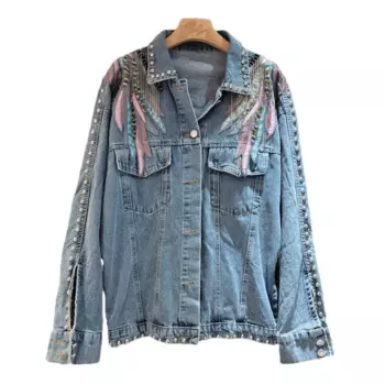 Уличная винтажная джинсовая куртка с вышивкой крыльев и заклепками, женская ковбойская верхняя одежда, свободная повседневная джинсовая куртка с большими карманами, женская