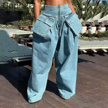 Уличные модные джинсовые брюки с большими карманами, женские съемные джинсы на молнии с эластичным поясом и широкими штанинами, Мешковатые повседневные брюки синего и черного цветов