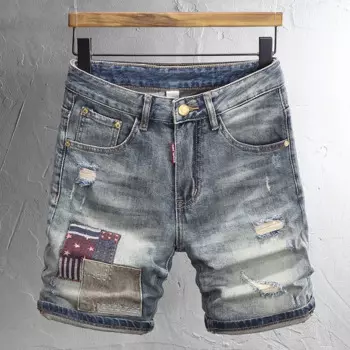 Уличные модные мужские джинсы в стиле ретро, потертые синие Стрейчевые облегающие короткие рваные джинсы, Мужские Заплатанные дизайнерские Джинсовые шорты в стиле хип-хоп для мужчин