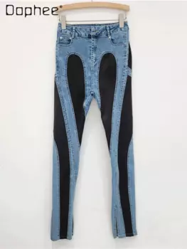 Уличные модные сшитые джинсы на спирали на весну и осень, привлекательные облегающие длинные джинсы с разрезом и высокой талией, синие джинсы для женщин
