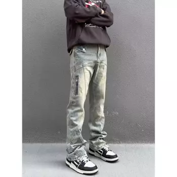 Уличные потертые джинсы в американском стиле для мужчин, осень и зима, прямые свободные облегающие джинсы для мужчин