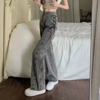 Уличные женские джинсовые брюки Y2K, шикарные женские повседневные брюки на шнуровке с высокой талией, винтажные женские брюки с широкими штанинами