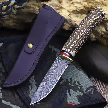 Уличный нож из дамасской стали с имитацией костяной ручки, прямой резец для резки мяса внутри дикого кемпинга